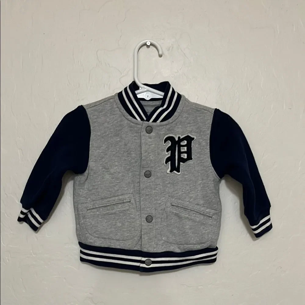 Ralph Lauren Gray Blue Bear Graphic Varsity Button Closure Jacket